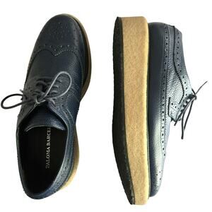 Paloma Barcelo Navy Pebble Leather Platform Wingtip Oxfords, Size 38, US 7.5-8